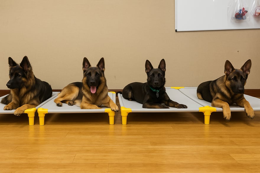 Several dogs lying calmly and resting, showing the drained, settled state conditioning produces.