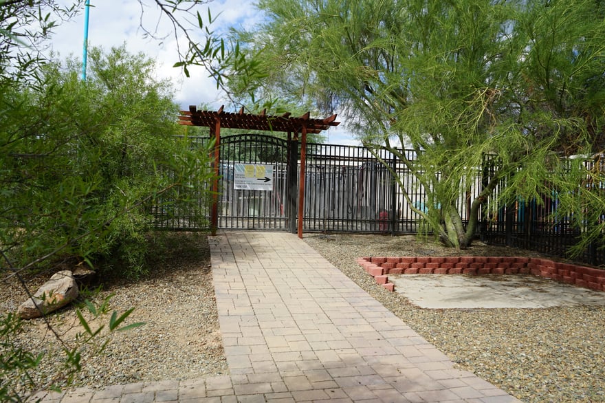 A brick paver path leads through a pergola-topped gate into the Partners Dogs campus, framed by desert mesquite trees.