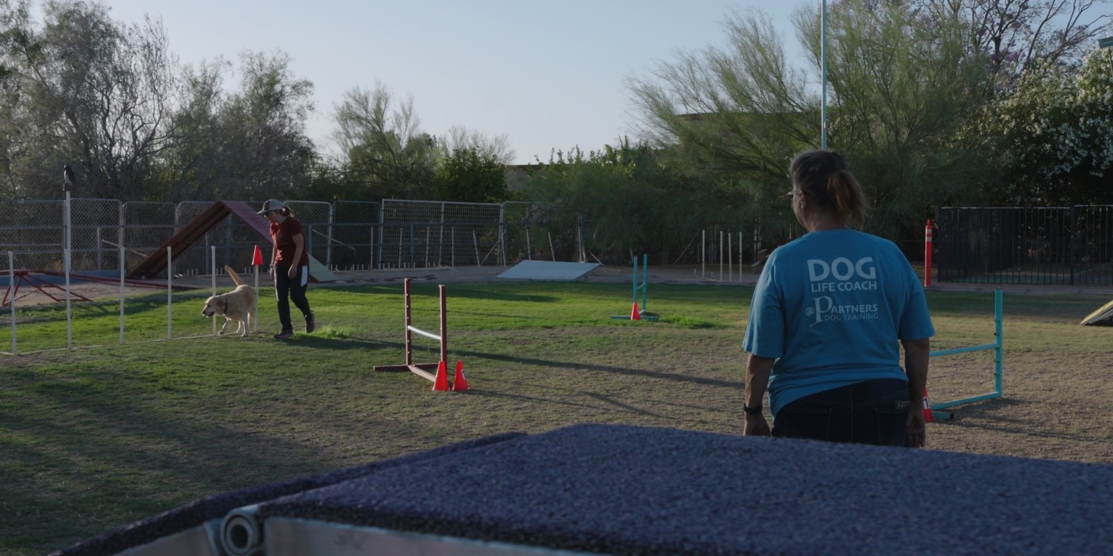 The wide desert agility field at Cave Creek with jumps set up and a staff member on the course, the ranch-country campus for New River dogs.