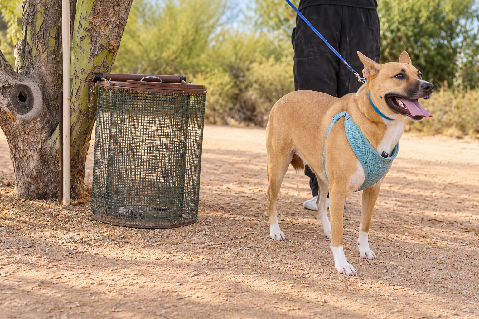 Tan dog wearing a turquoise harness beside a secured mesh training cage, with the handler’s lower body in the background.
