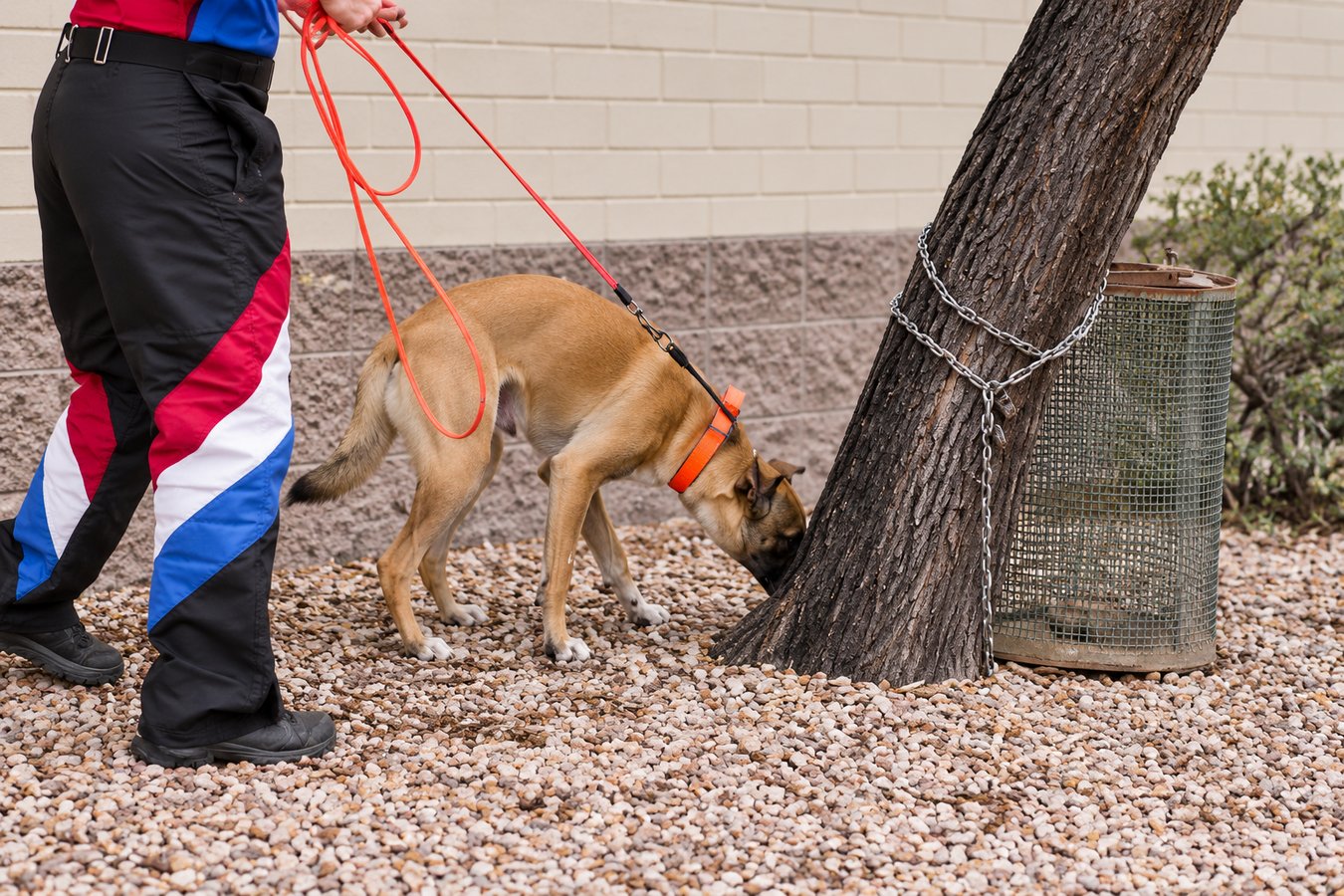 Tan dog on a leash beside a tree and secured mesh training cage in an outdoor gravel area.