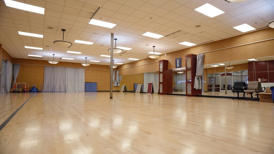 A bright Scottsdale training hall set with weave poles on a wood floor, ready for class.