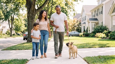 A woman, a man, and a young boy walk a leashed adult fawn French Bulldog together on a sunny, tree-lined suburban sidewalk.