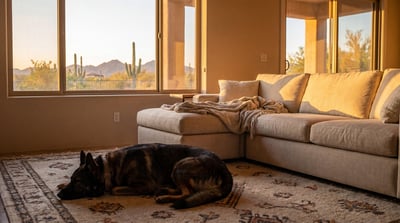 An adult German Shepherd lies calmly on a patterned rug in a sunlit living room, with a sectional sofa and large windows overlooking a desert landscape of saguaro cacti and mountains at sunset.