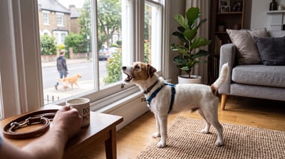 A white and brown Jack Russell Terrier in a blue harness stands on a living room rug, barking through a front window at a man walking a golden retriever on the sidewalk outside, with a leash and a coffee mug resting on a table nearby.