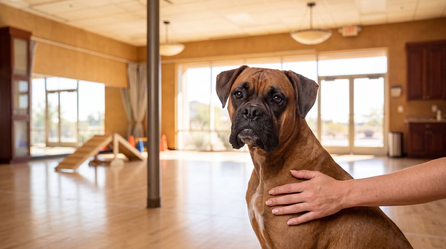Owner's hand resting on a Boxer's shoulder in a sunlit Partners Dogs training room