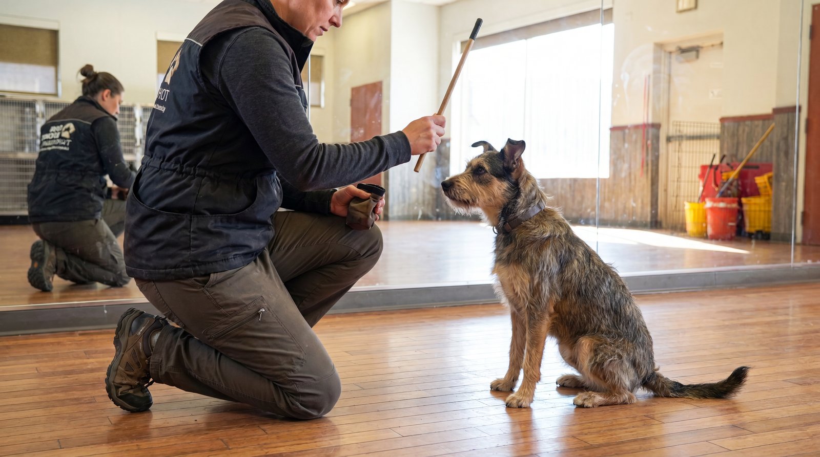 A trainer kneels on a wooden floor using a training stick and treat pouch to reward a calm, sitting terrier mix.