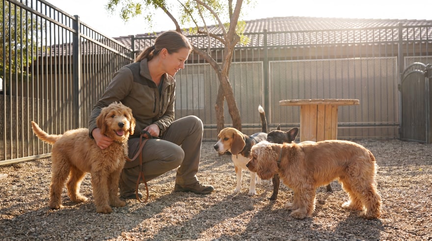 A trainer crouches in an outdoor fenced run gently working with a Goldendoodle during a hands-on evaluation.