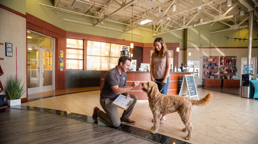 A staff member kneels with a clipboard to evaluate a leashed Goldendoodle while the owner looks on at the campus.