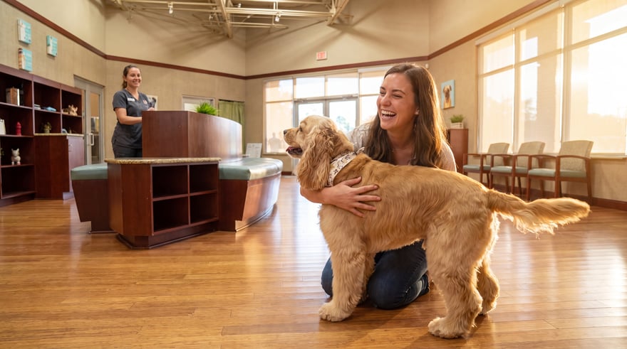 A Cocker Spaniel happily greets a laughing woman kneeling in a bright reception area, capturing the warm, friendly feel of referring a friend.