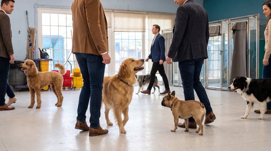 Several dogs including a Poodle, Golden Retriever, and French Bulldog work alongside their handlers in a group class format, mirroring the confidence-building crossover between sce