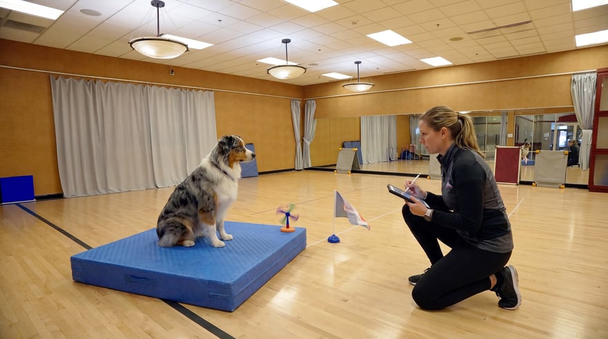 A trainer kneels beside a blue merle Australian Shepherd on a mat, recording the dog's progress on a tablet during a training evaluation.