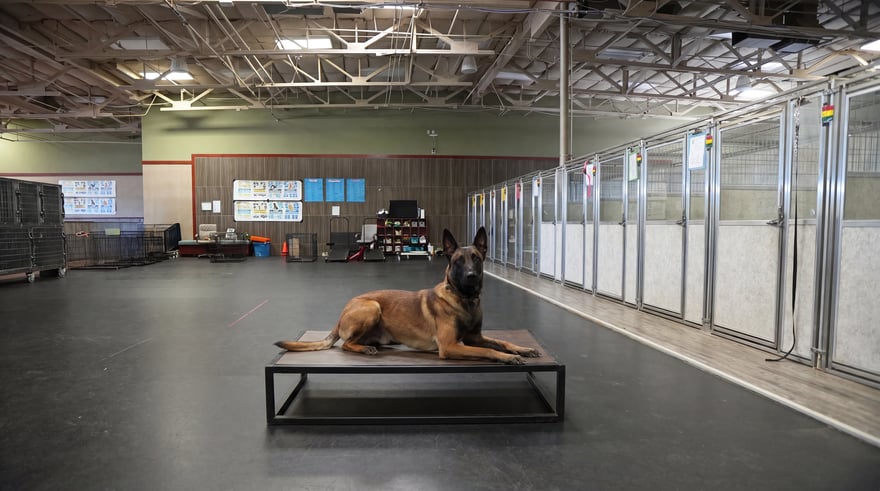 A Belgian Malinois holds a steady place on an elevated platform inside the indoor training facility.