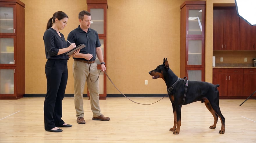 A trainer handles a Doberman on leash while a staff member records notes on a tablet during a structured indoor training session.