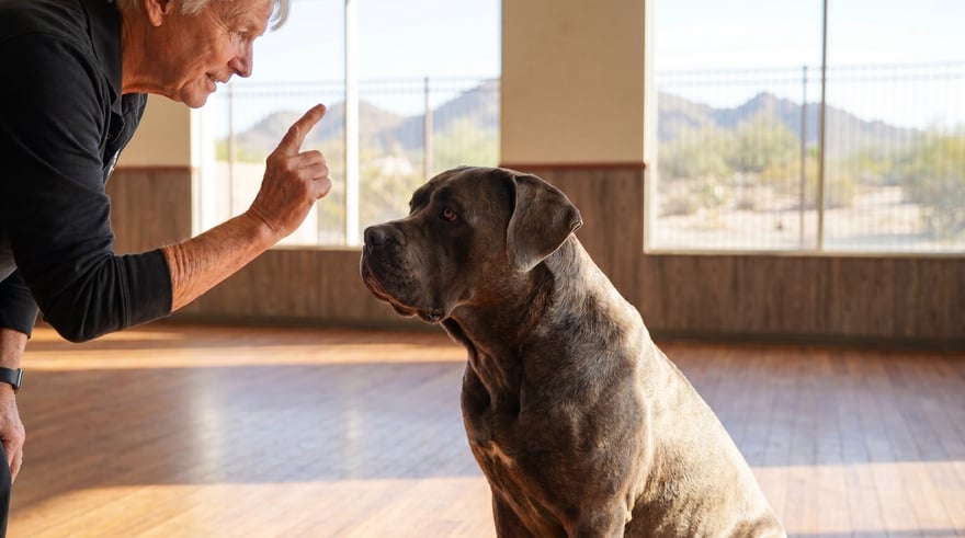 Senior trainer giving a focused cue to a seated brindle Cane Corso in a sunlit training room