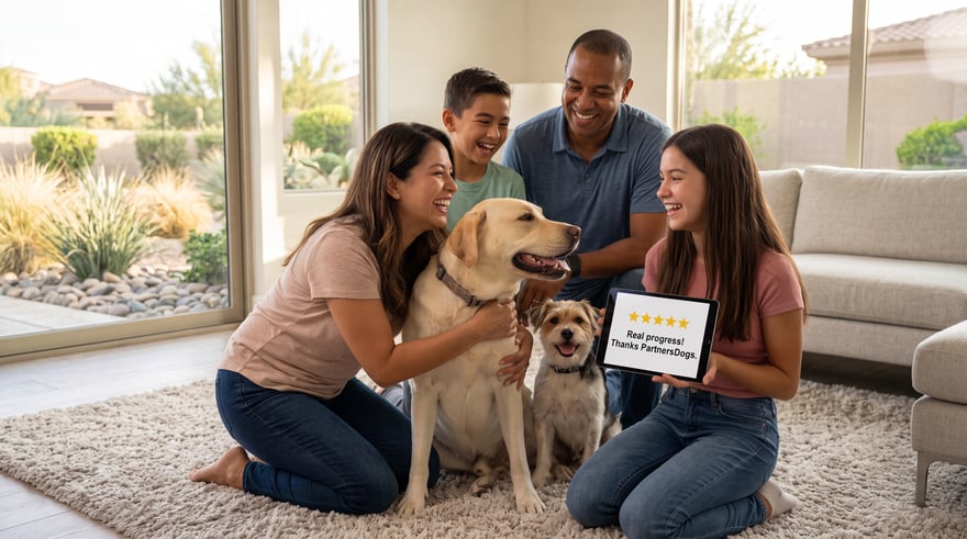 A family of four kneels together on their living room rug with their yellow Labrador, the kind of at-home moment a clear training plan is built around.