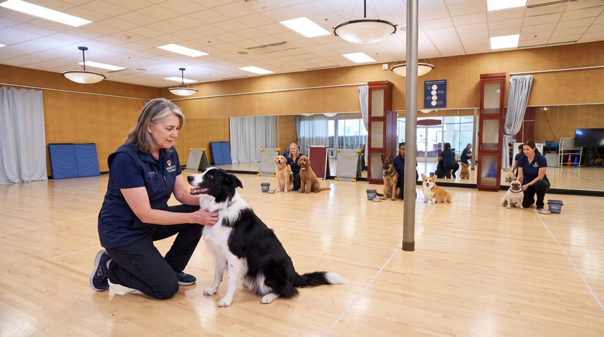 Several trainers in navy shirts actively engage a group of dogs during indoor play and training, keeping active dogs moving off the summer pavement.