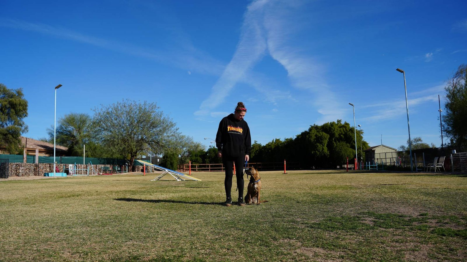 A handler and a young dog sit on the Cave Creek grass field with agility gear behind.