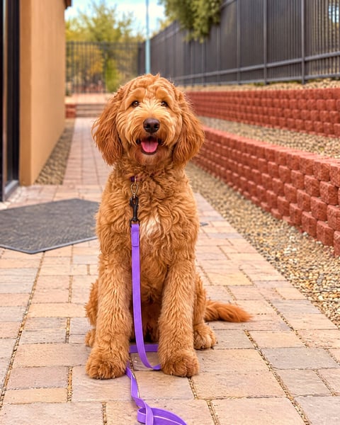 Goldendoodle Andi sitting politely on a purple leash on the brick path at the Cave Creek campus