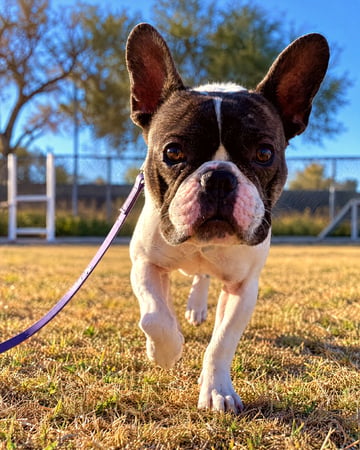 French Bulldog Archie trotting toward the camera on a loose purple leash across the grass field at the Cave Creek campus