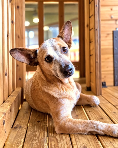 Australian Cattle Dog mix Rudy lying relaxed on a wooden platform inside the Scottsdale building