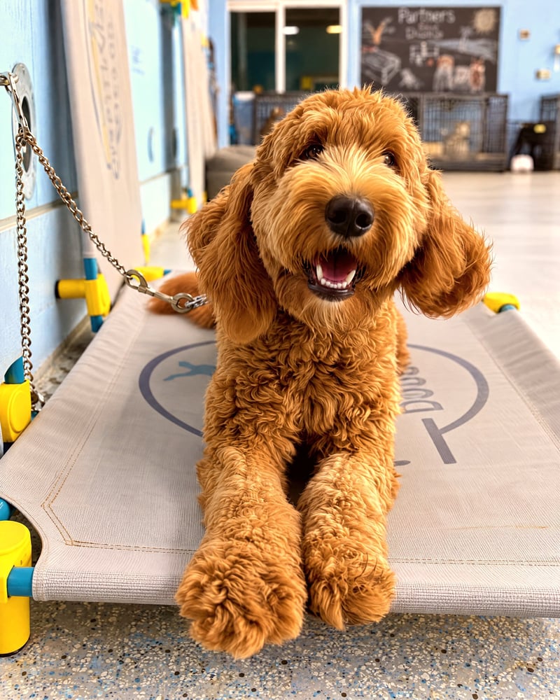 Golden doodle practicing a place stay on a raised cot inside the training center.