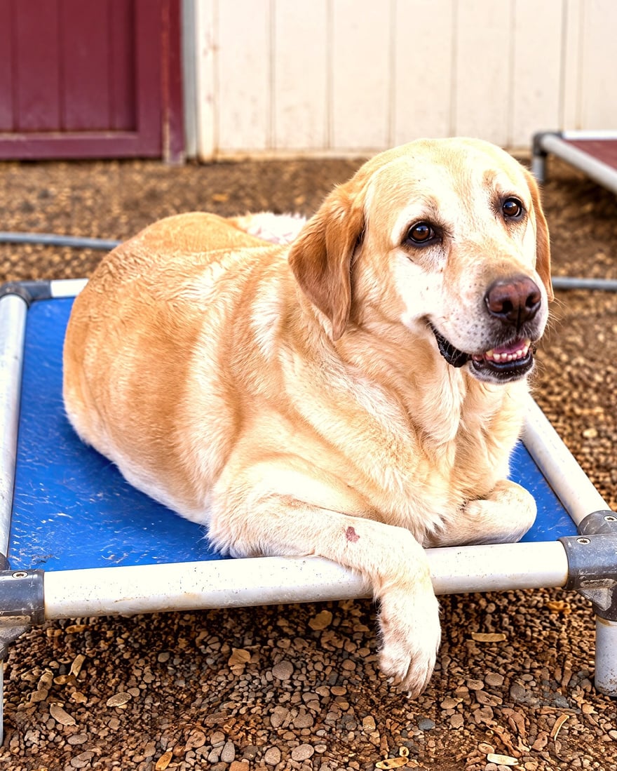 A senior yellow Labrador Retriever resting on a blue elevated cot in an outdoor yard.