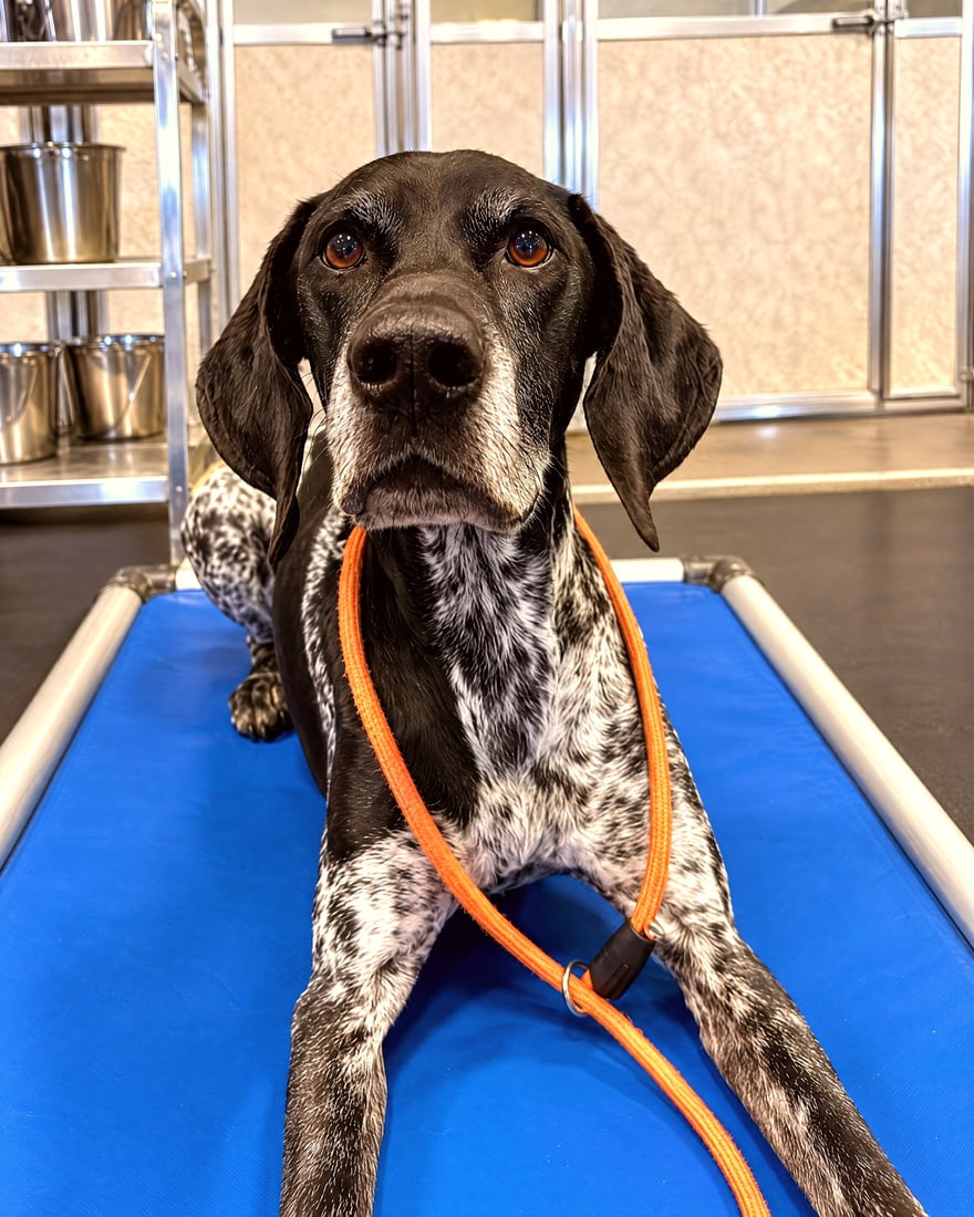 German Shorthaired Pointer lying down on a blue training cot with an orange slip leash.