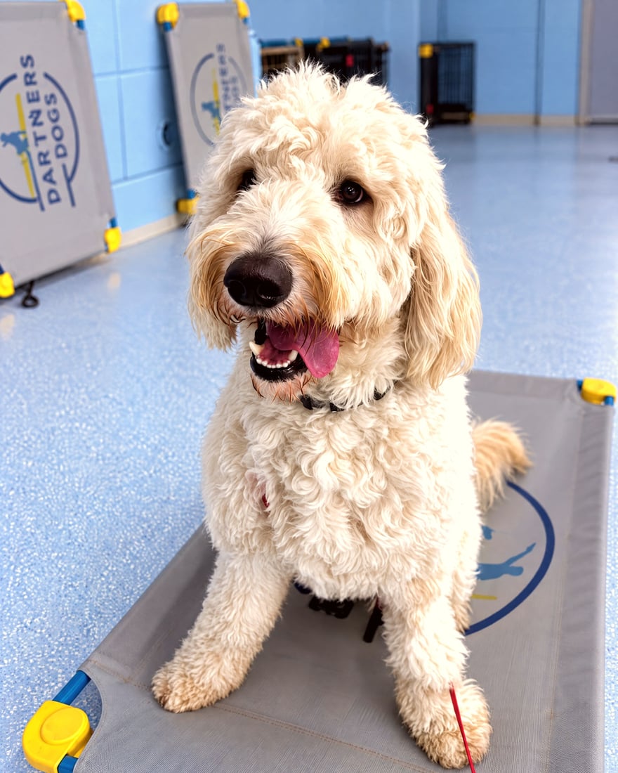 A fluffy doodle dog sits calmly on an elevated place cot inside the indoor training arena.