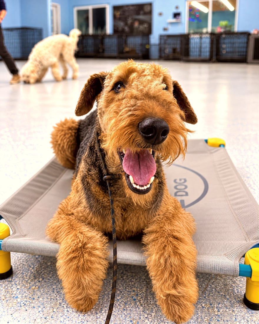 An Airedale Terrier happily lies on an elevated place cot on an indoor training floor.