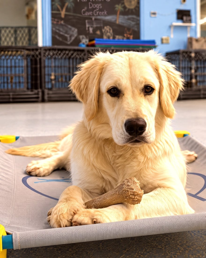 Golden retriever resting calmly on an elevated place cot inside the Cave Creek facility during board and train.