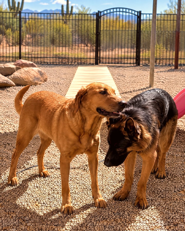 A golden retriever and German shepherd standing calmly together in a desert training yard with mountain views.