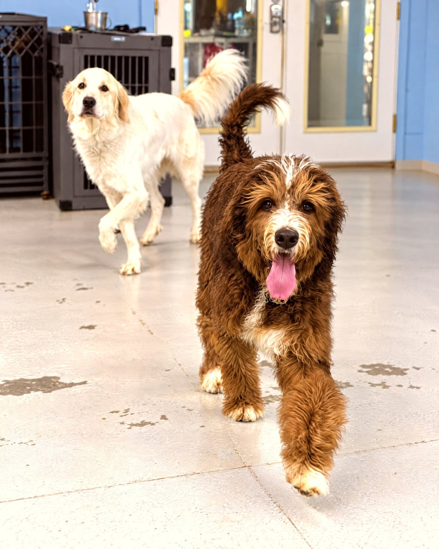 Two active dogs trotting across a spacious indoor climate-controlled room during summer day school.