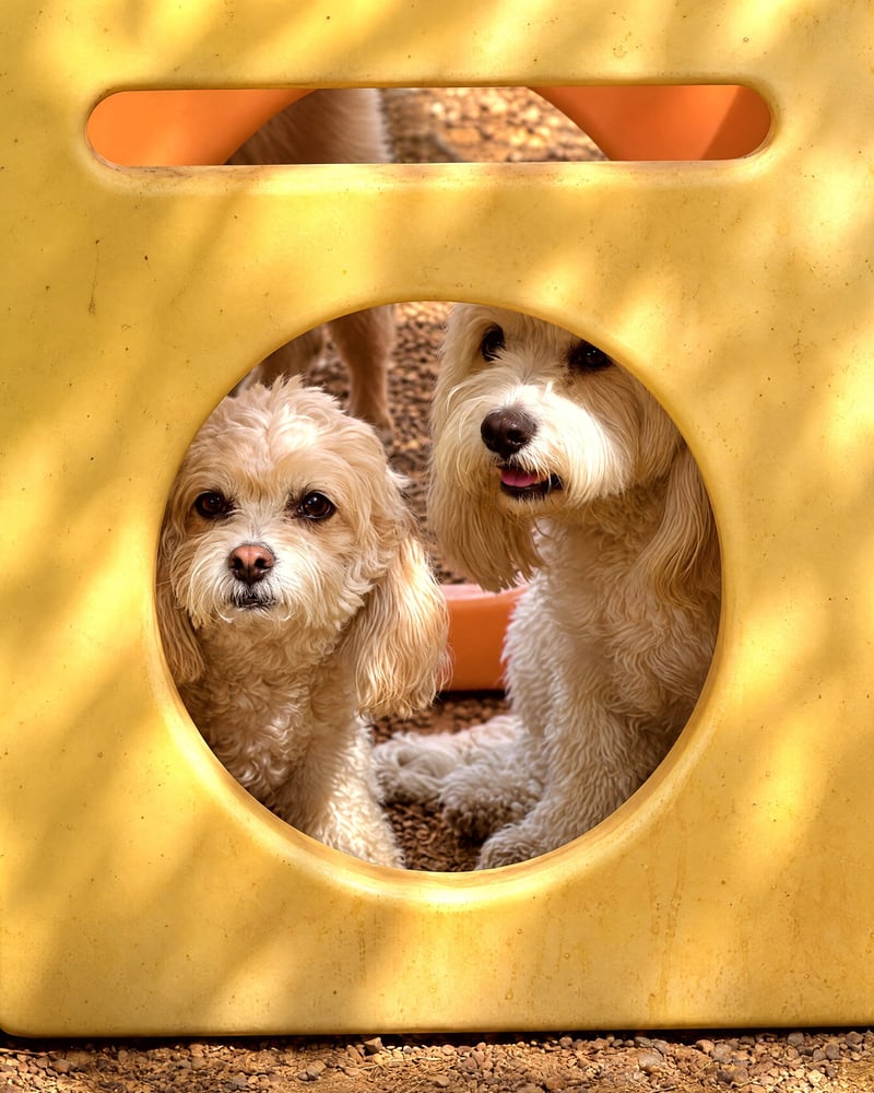 Two small dogs resting peacefully behind outdoor playground equipment in a shaded yard.
