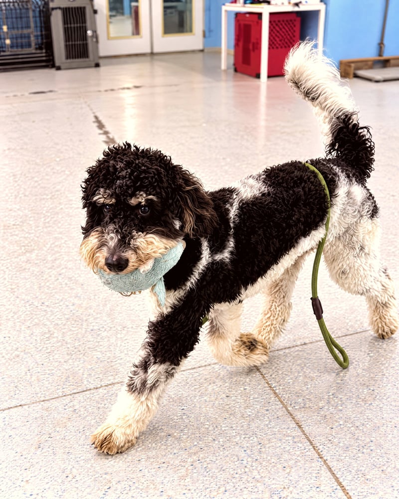 A black and white Bernedoodle carries a plush toy in its mouth while walking across an indoor training floor.