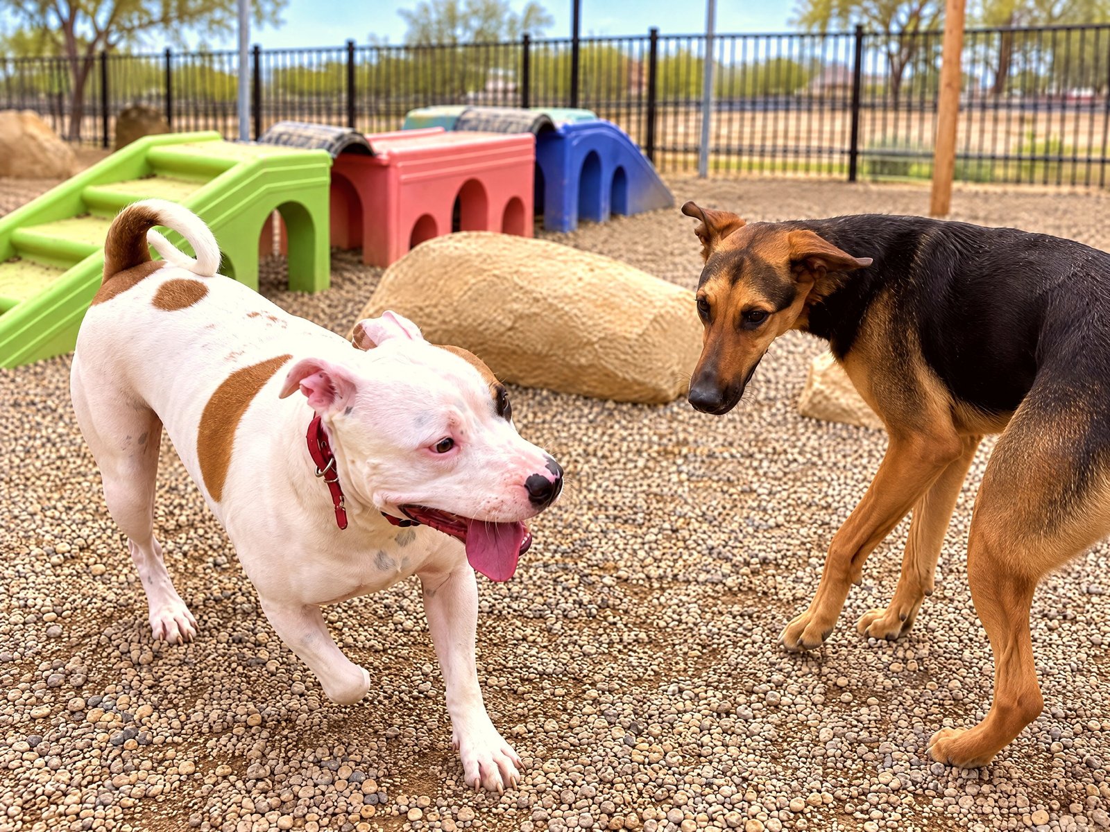 Two dogs interacting calmly in an outdoor gravel play yard with agility ramps near a fence line.