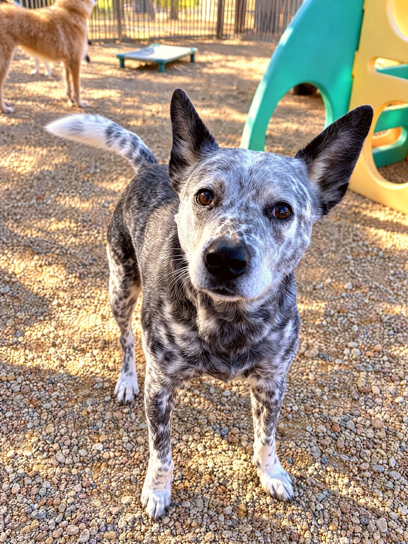 Speckled blue heeler standing alert in a sunny outdoor gravel play yard near colorful playground equipment.