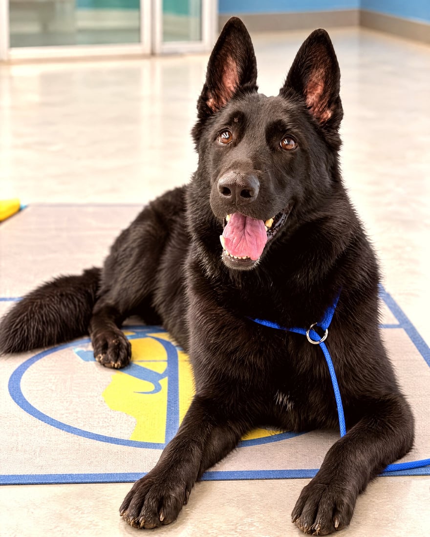 A black German Shepherd lying down attentively on an indoor training mat with a blue slip lead.