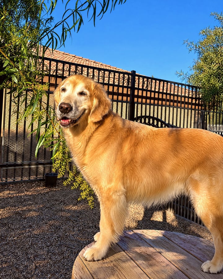 A smiling senior golden retriever standing on a wooden spool in an outdoor yard.