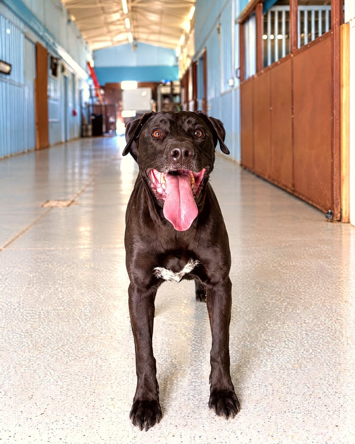 A black dog panting happily while standing in a wide indoor boarding facility hallway.