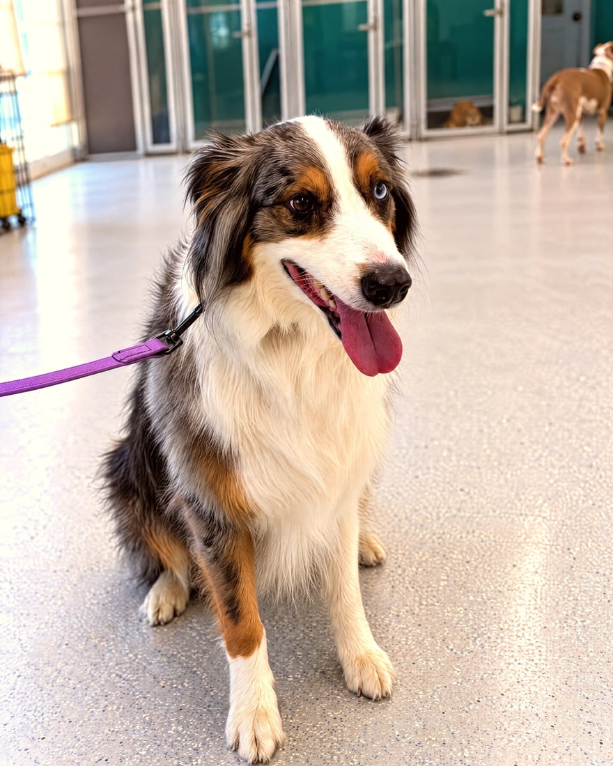 An Australian Shepherd sits attentively on leash in a training room while another dog walks in the background.