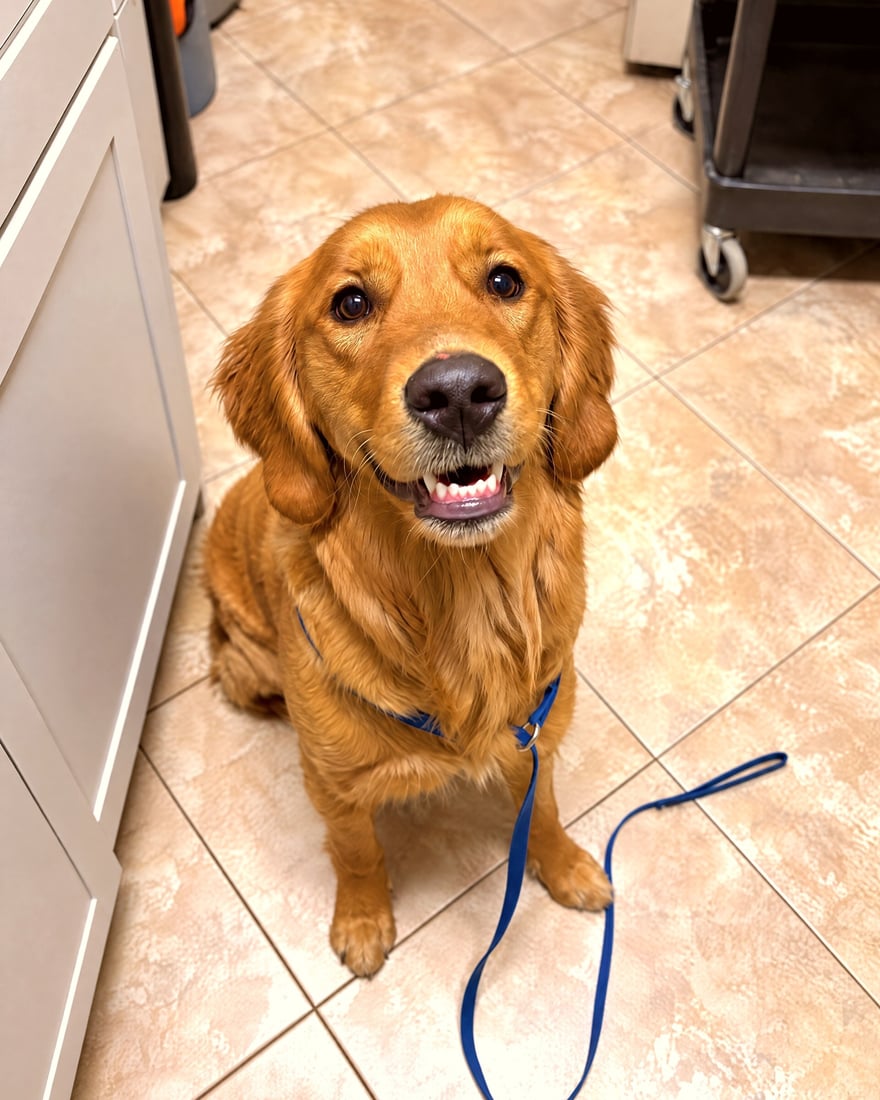 A golden retriever wearing a blue harness and leash sits attentively on a tiled floor looking up.