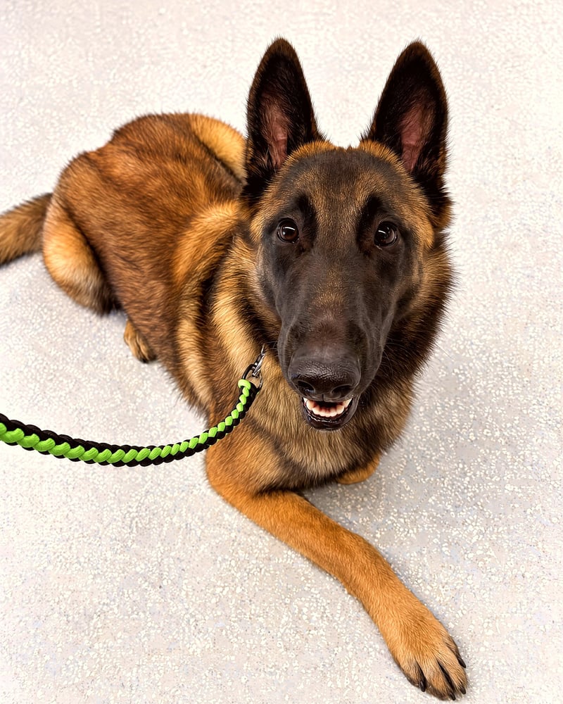 A Belgian Malinois lies down on an indoor floor wearing a braided leash, looking up attentively.