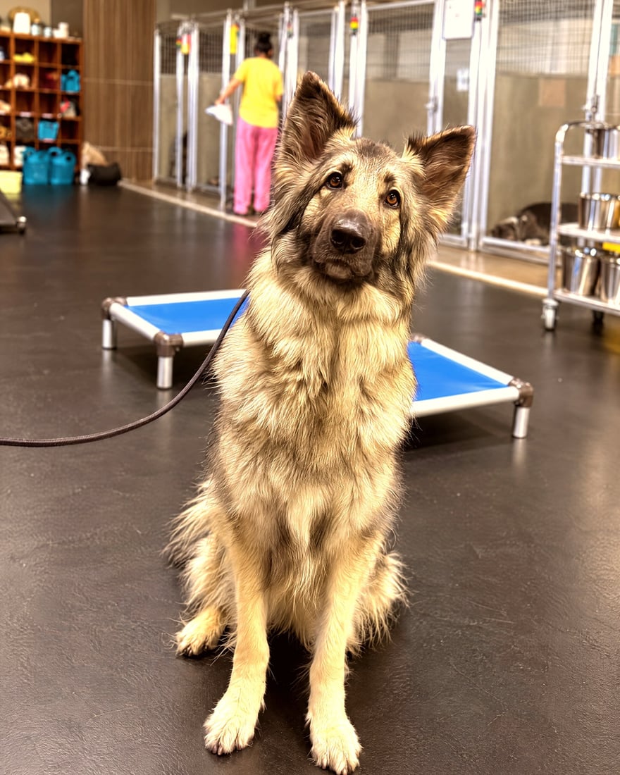 A fluffy German Shepherd mix sits attentively on leash in an indoor training hall with place cots.