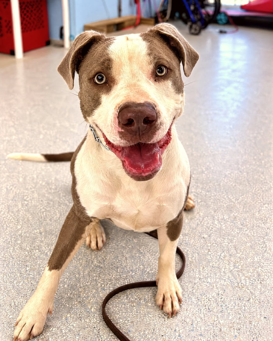 A smiling grey and white dog sitting calmly on a clean indoor floor.
