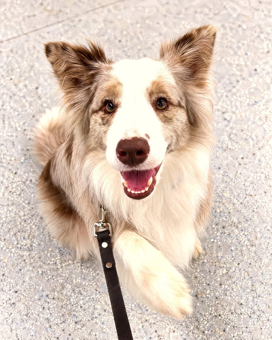 An Australian Shepherd sits attentively on a training floor with one paw raised while on leash.