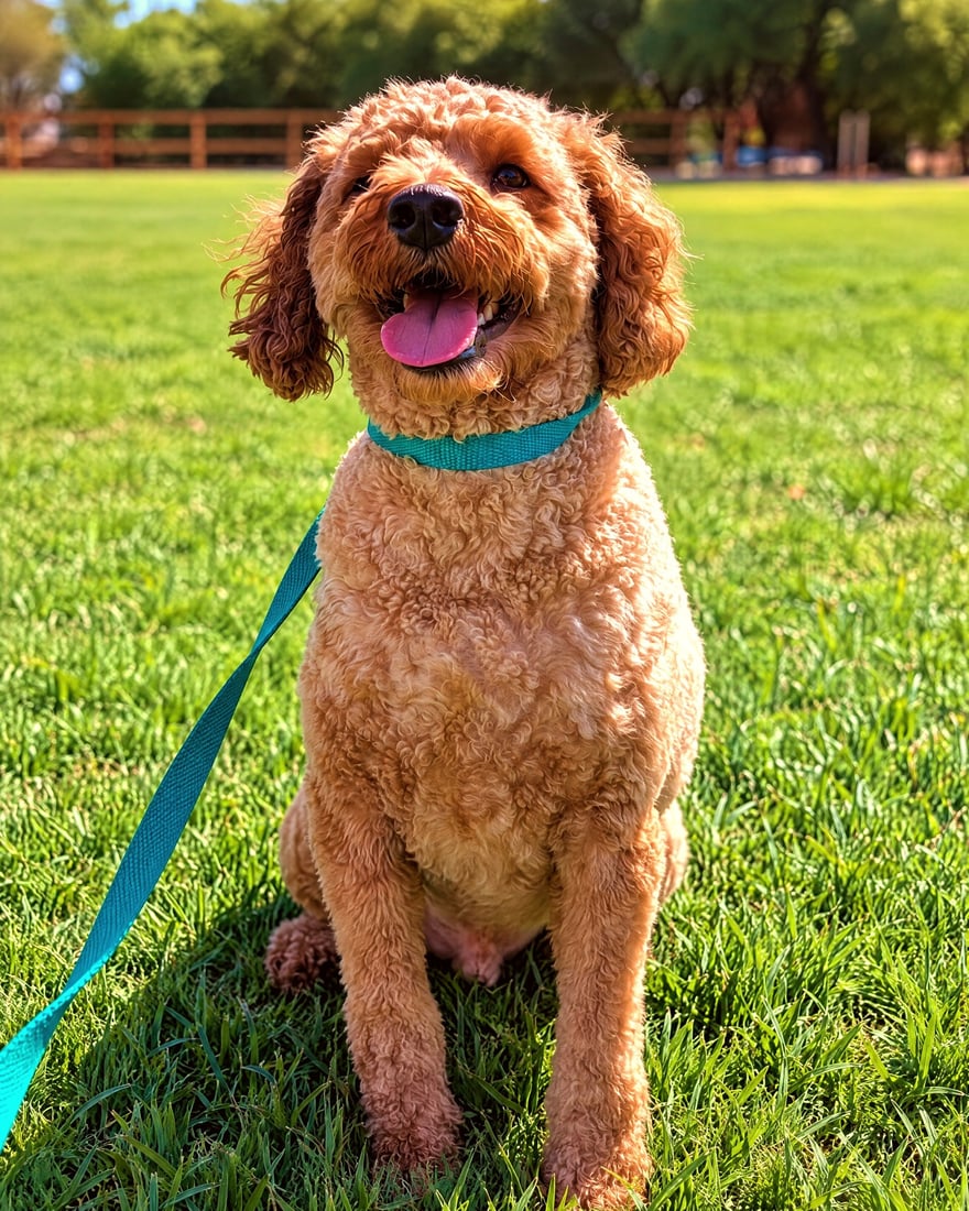 A young golden doodle sitting attentively on a teal leash on the grass training field.