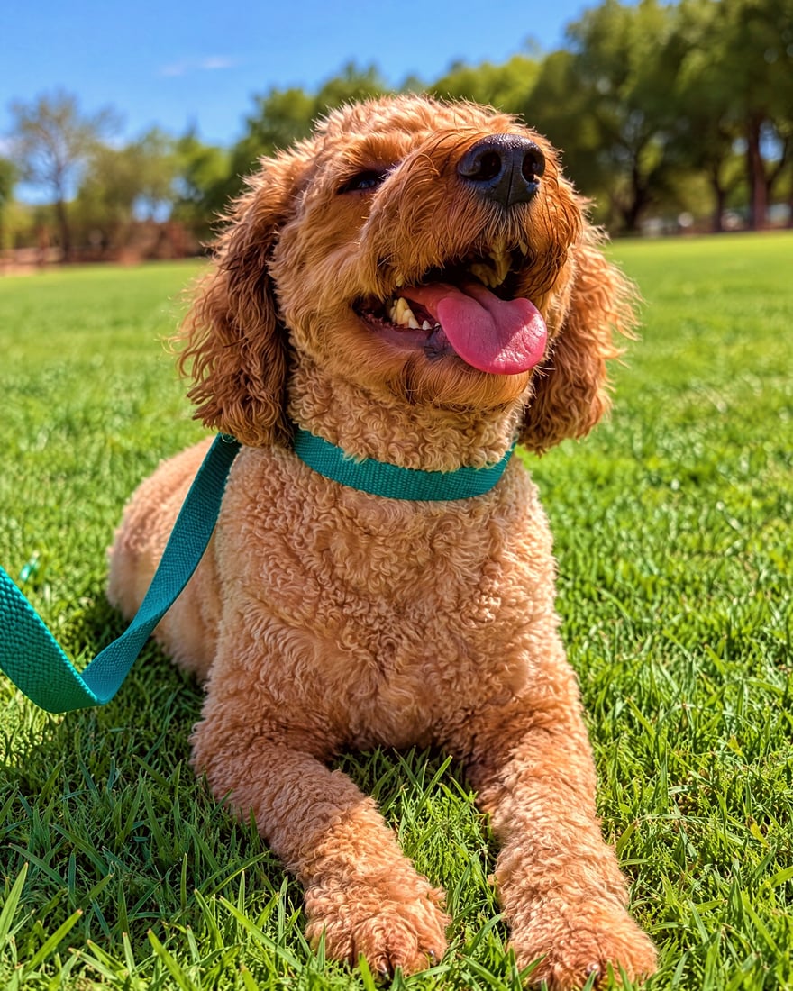 A golden doodle lying calmly on a leash in a wide grassy training field under the sun.