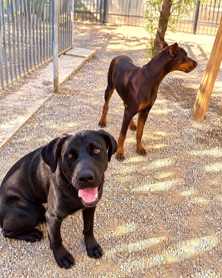 A black lab sitting calmly beside a Doberman standing in a shaded gravel play yard.