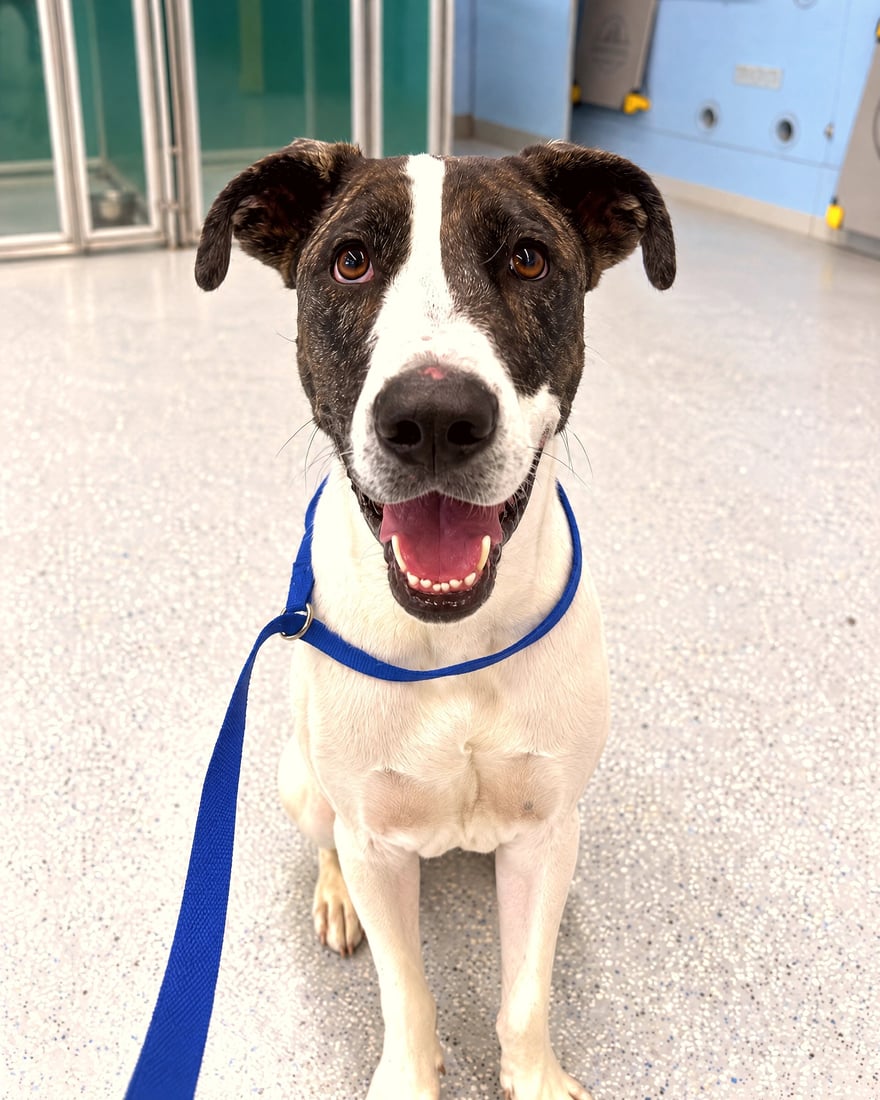 A brown and white dog on a blue leash sits calmly on an indoor training floor.